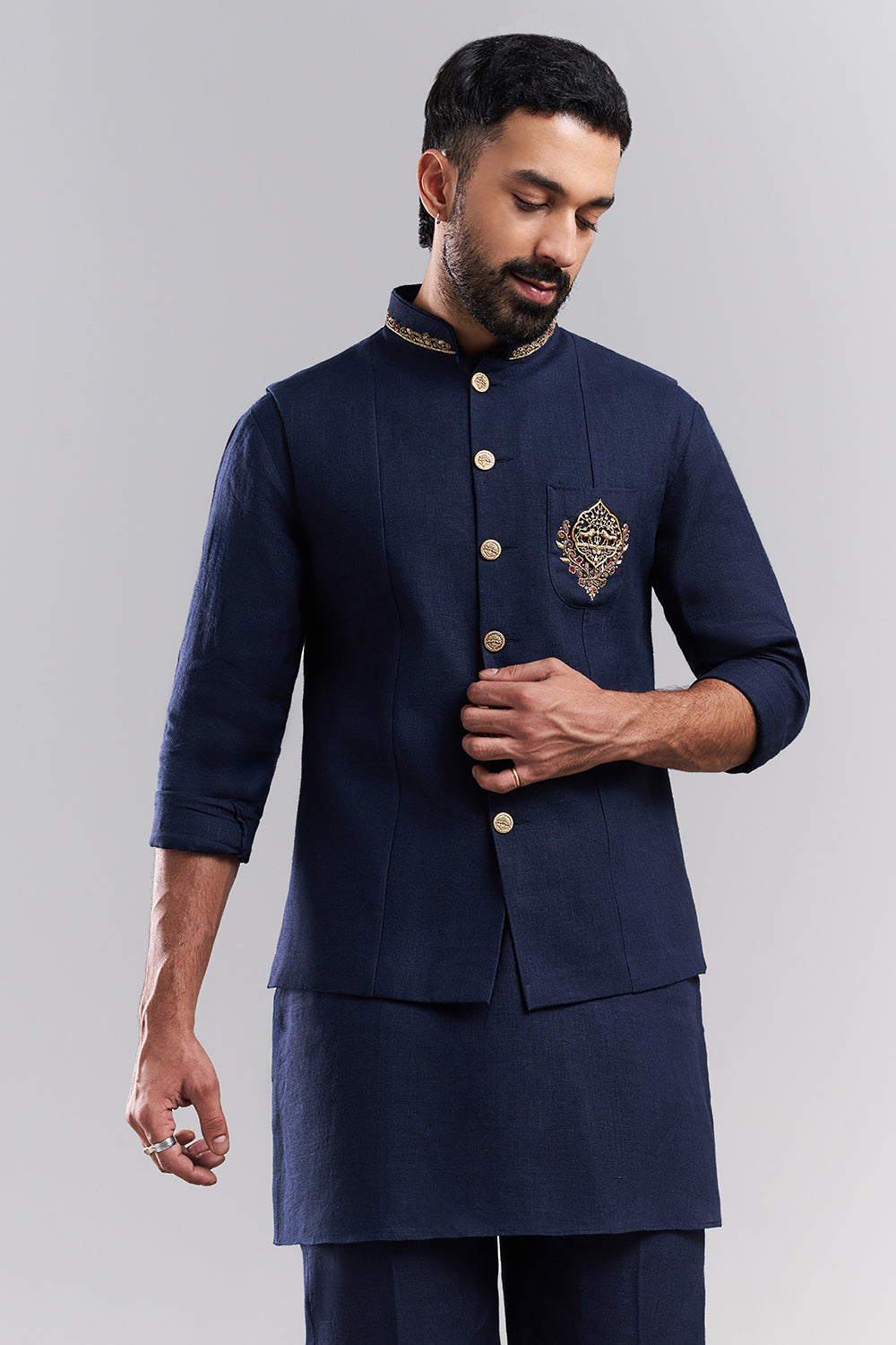 Navy Blue Linen Satin Men's Kurta Set with Ornate Jacket
