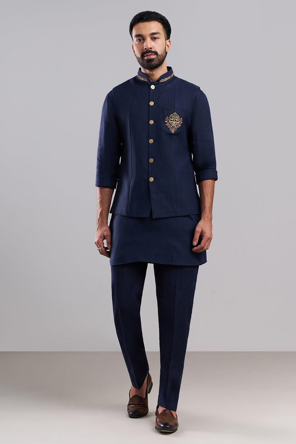 Navy Blue Linen Satin Men's Kurta Set with Ornate Jacket