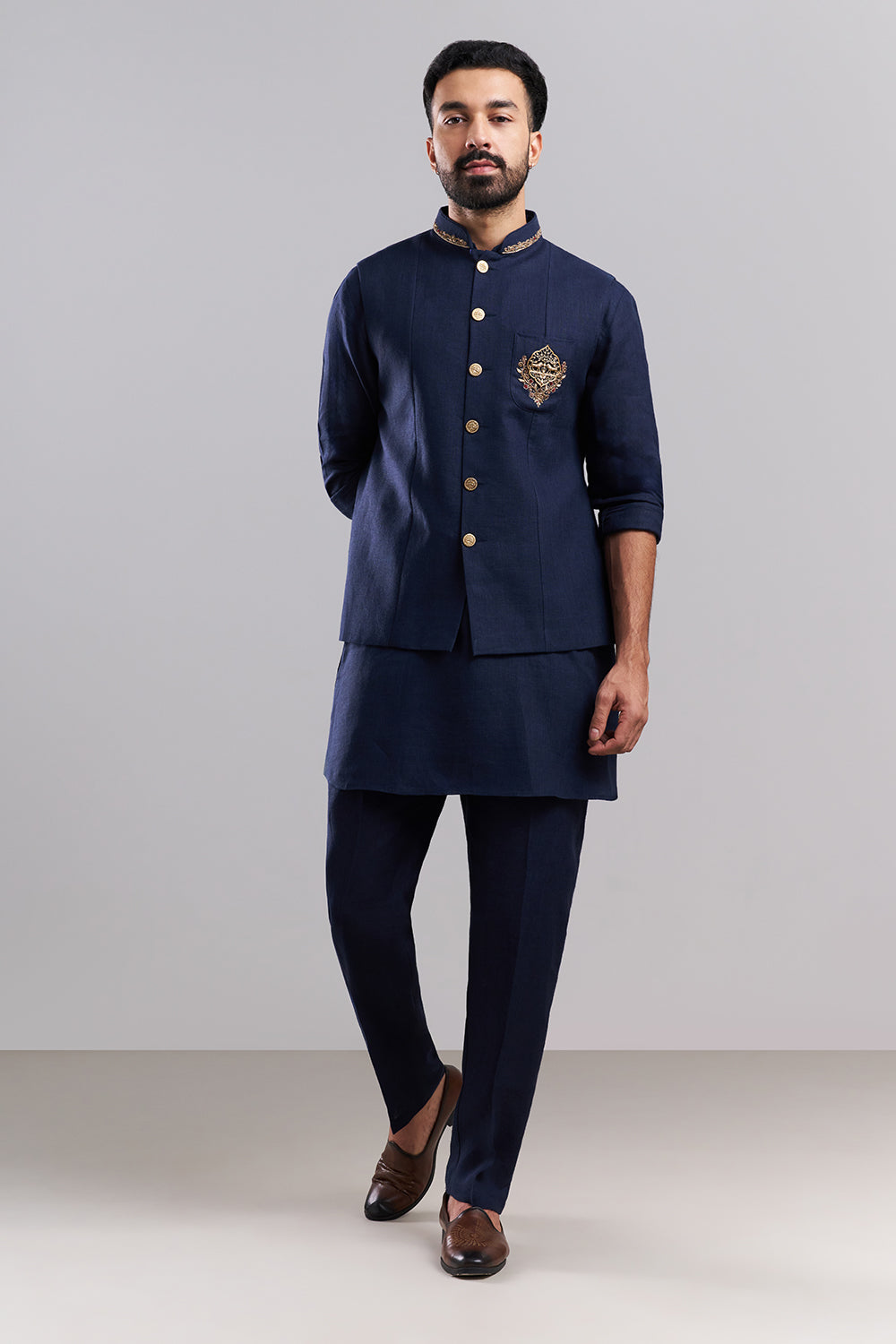 Navy Blue Linen Satin Men's Kurta Set with Ornate Jacket