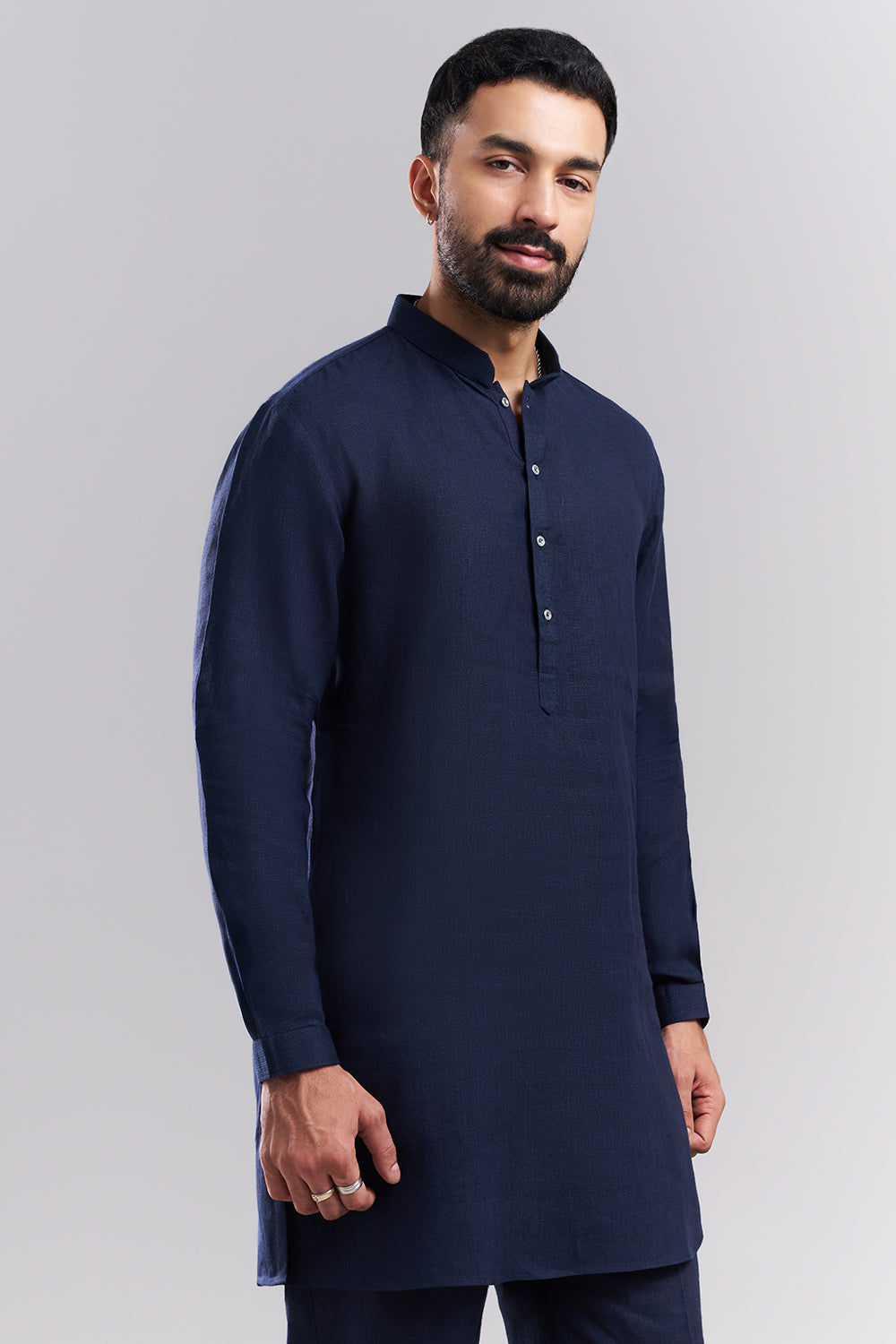 Navy Blue Linen Satin Men's Kurta Set with Ornate Jacket