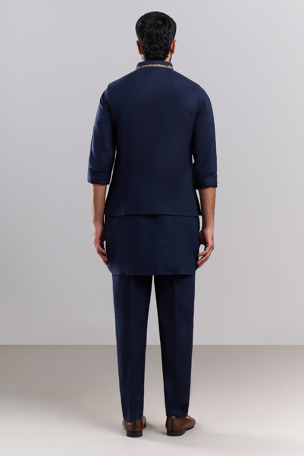 Navy Blue Linen Satin Men's Kurta Set with Ornate Jacket