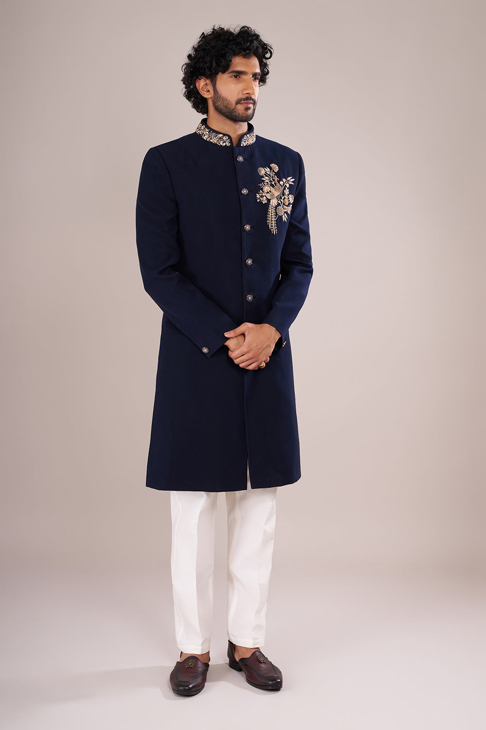 Navy Blue Men's Embroidered Indo-Western Sherwani