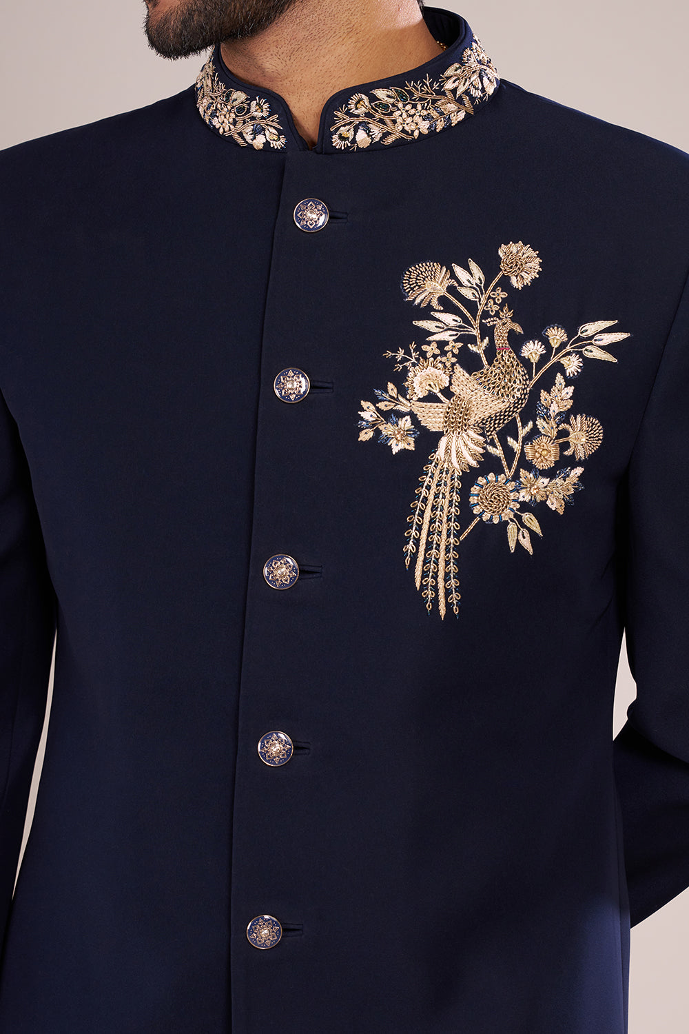 Navy Blue Men's Embroidered Indo-Western Sherwani