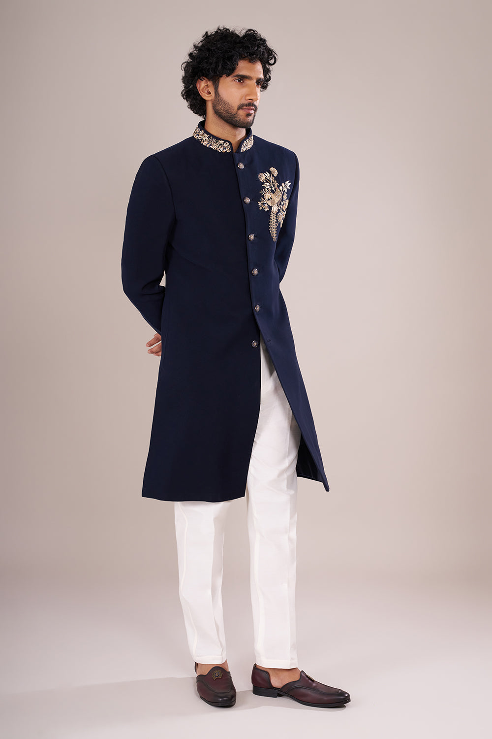 Navy Blue Men's Embroidered Indo-Western Sherwani
