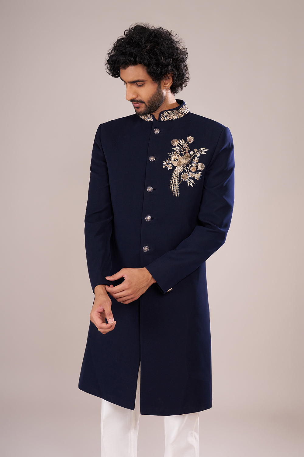 Navy Blue Men's Embroidered Indo-Western Sherwani