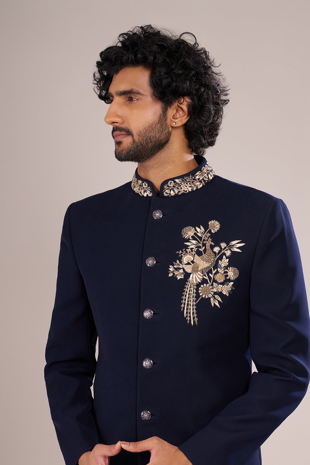 Navy Blue Men's Embroidered Indo-Western Sherwani