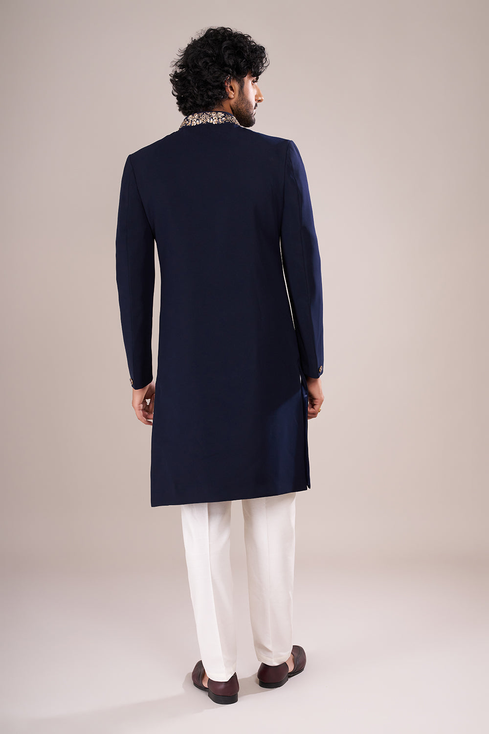 Navy Blue Men's Embroidered Indo-Western Sherwani