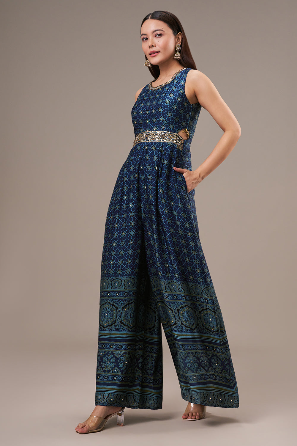 Navy Blue Modal Jumpsuit with Zardosi and Mirror Work