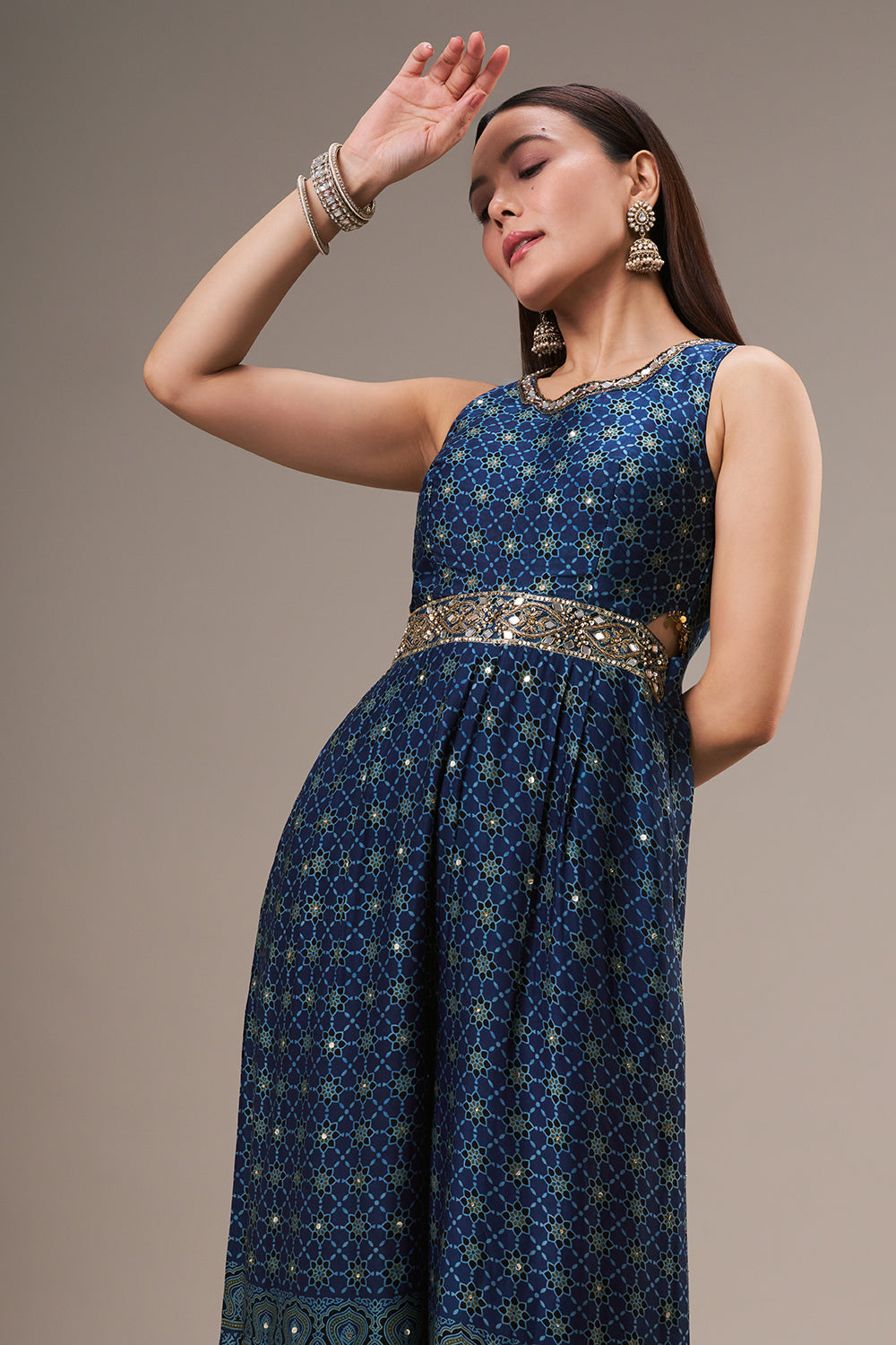 Navy Blue Modal Jumpsuit with Zardosi and Mirror Work