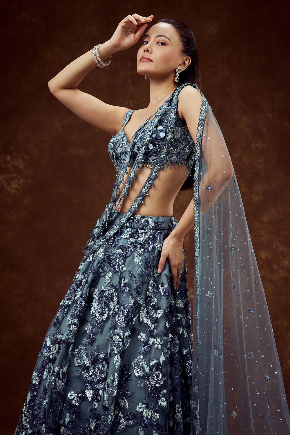 Navy Blue Net Lehenga with Sequin and Bead Work