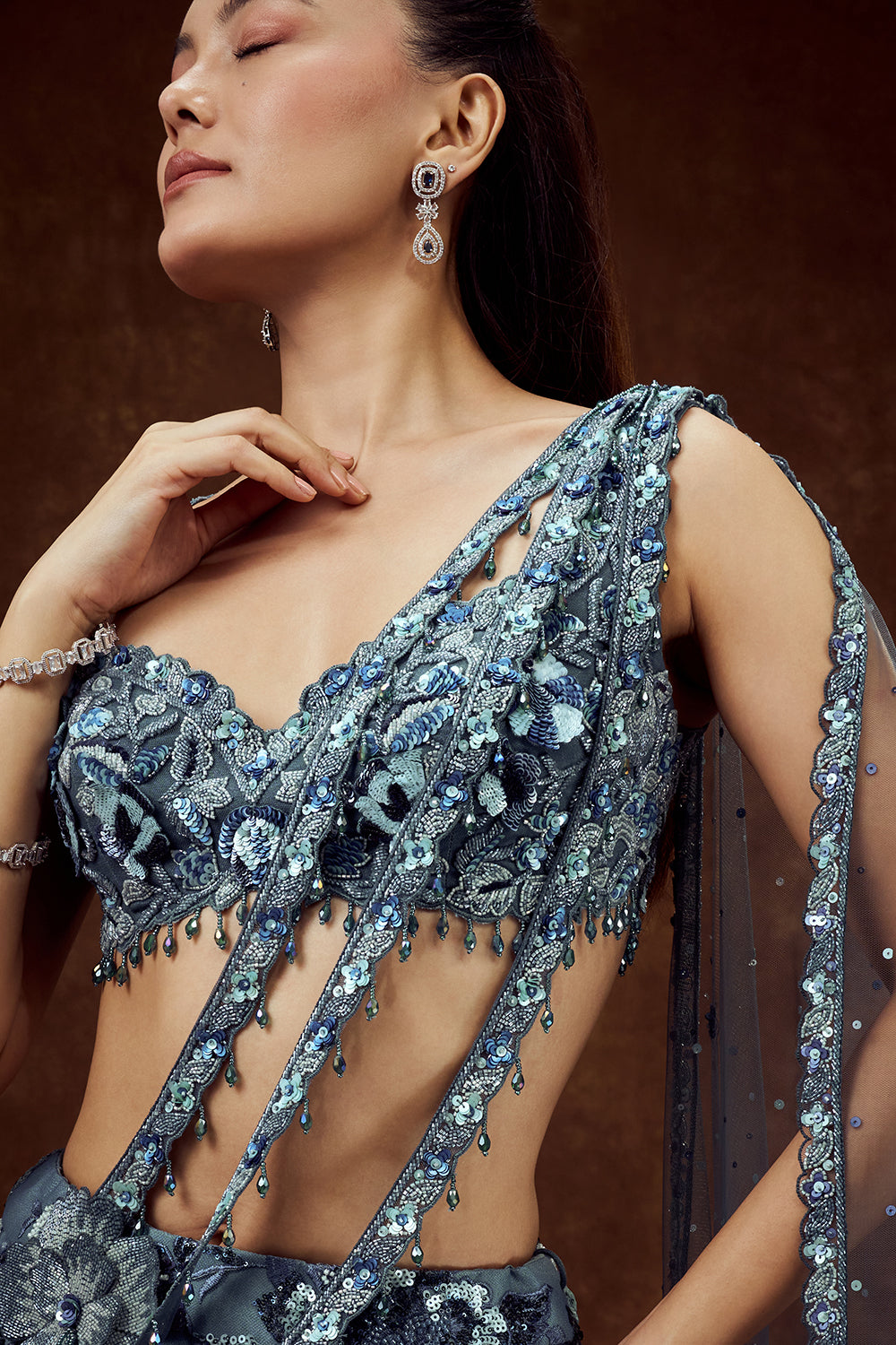 Navy Blue Net Lehenga with Sequin and Bead Work