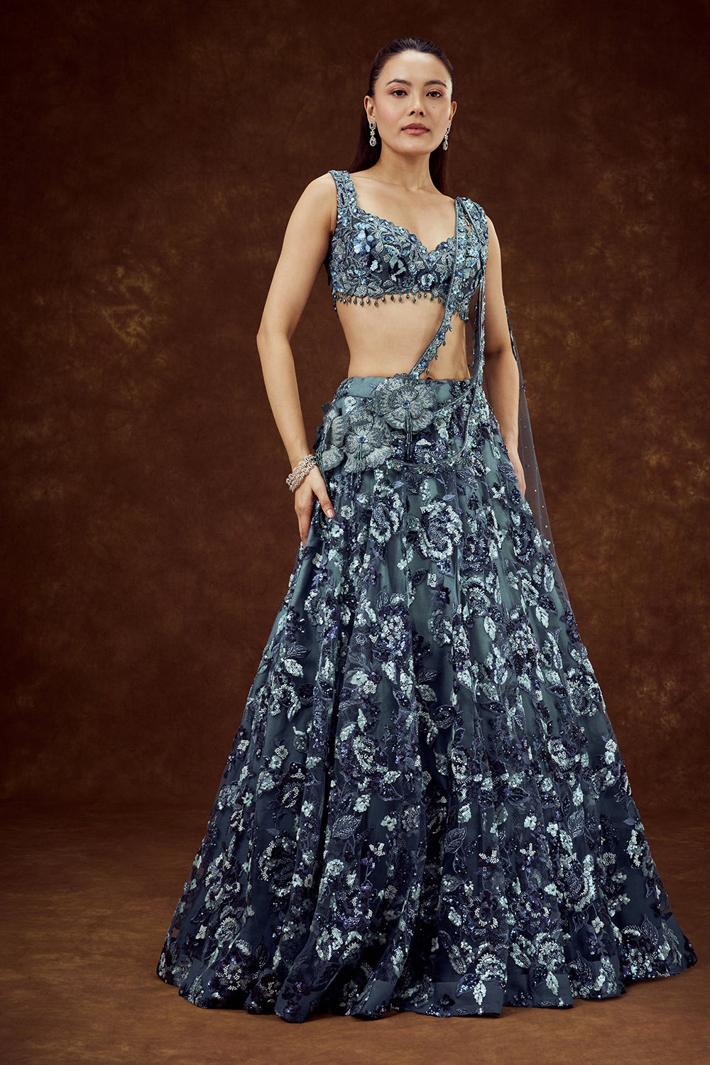 Navy Blue Net Lehenga with Sequin and Bead Work
