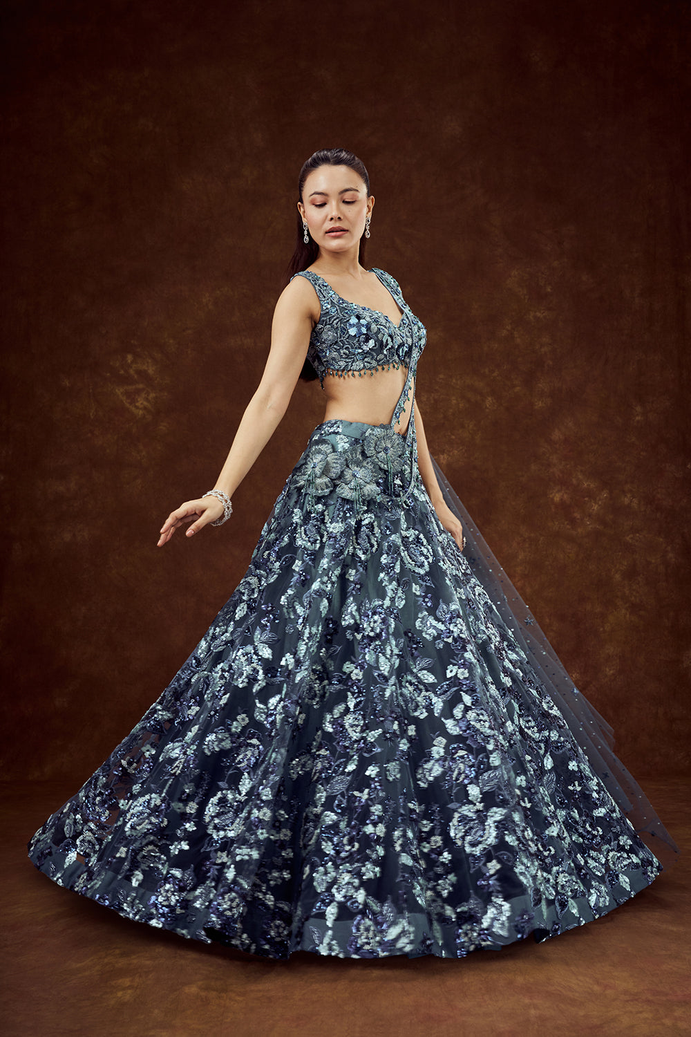 Navy Blue Net Lehenga with Sequin and Bead Work