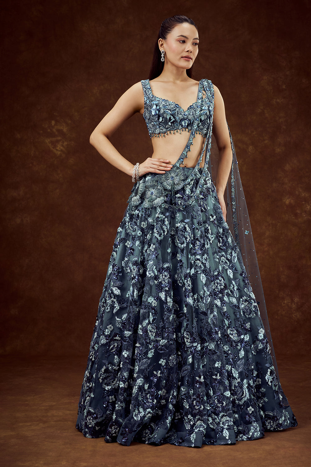 Navy Blue Net Lehenga with Sequin and Bead Work