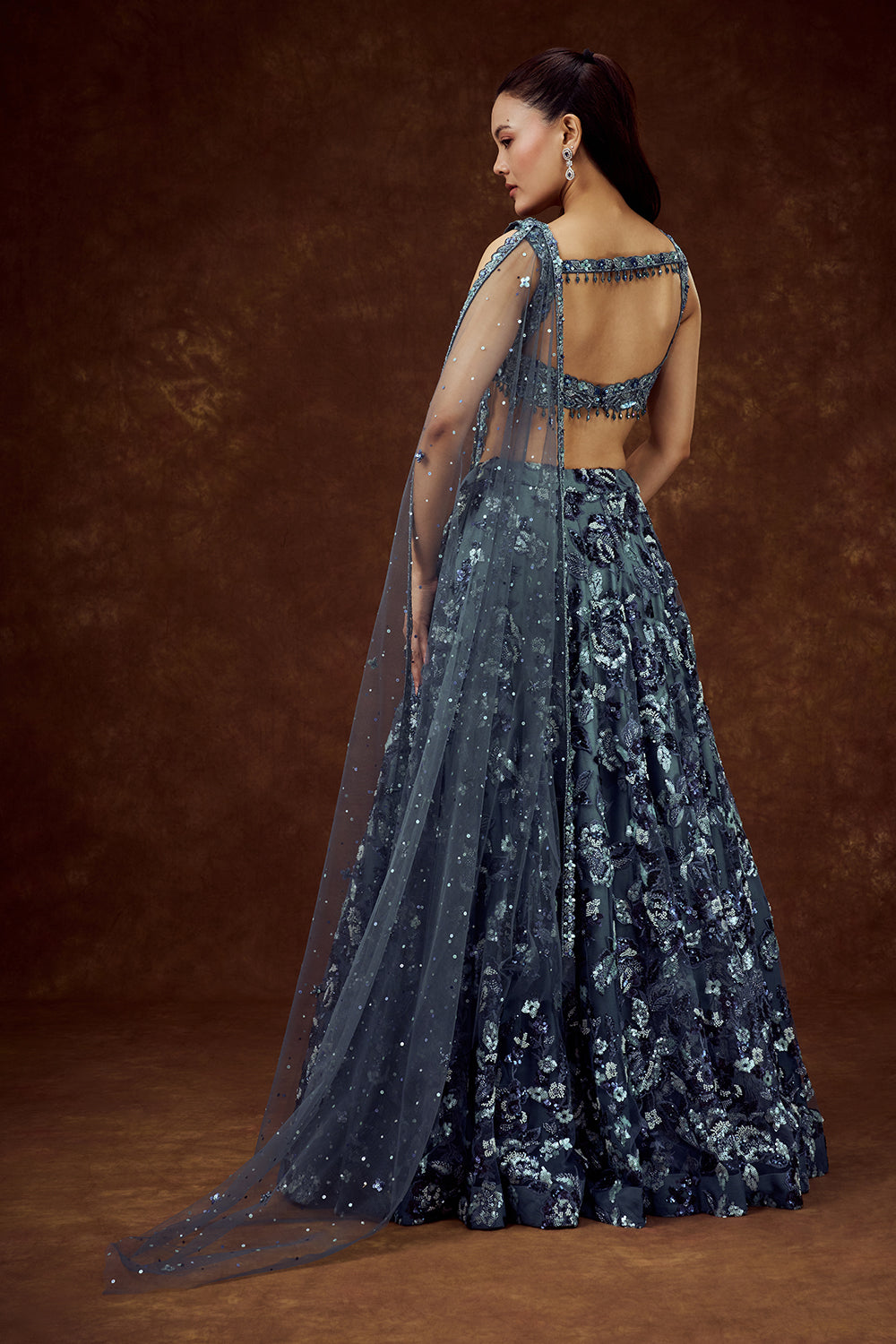 Navy Blue Net Lehenga with Sequin and Bead Work