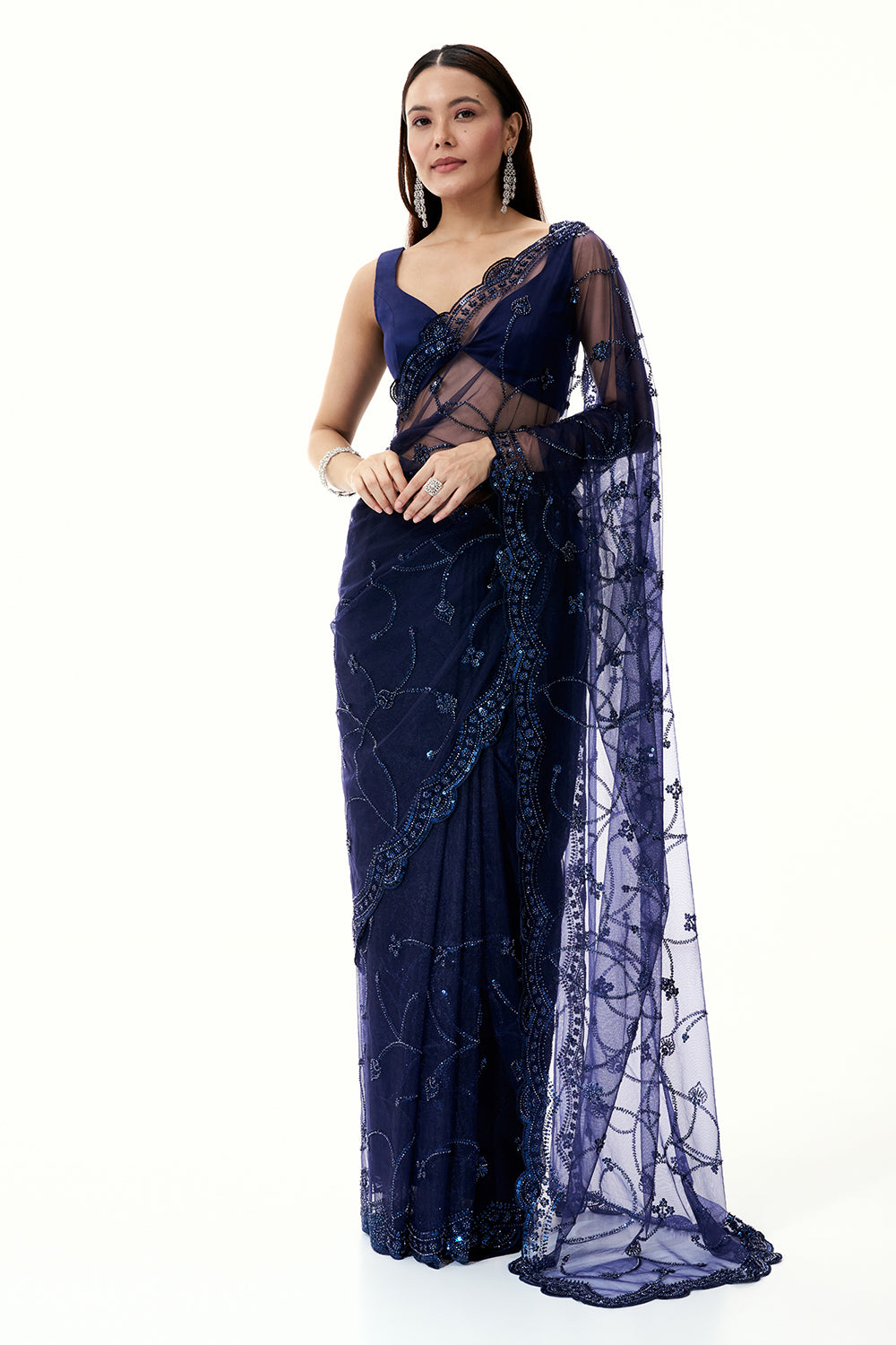 Navy Blue Net Saree with Sequin and Bead Work