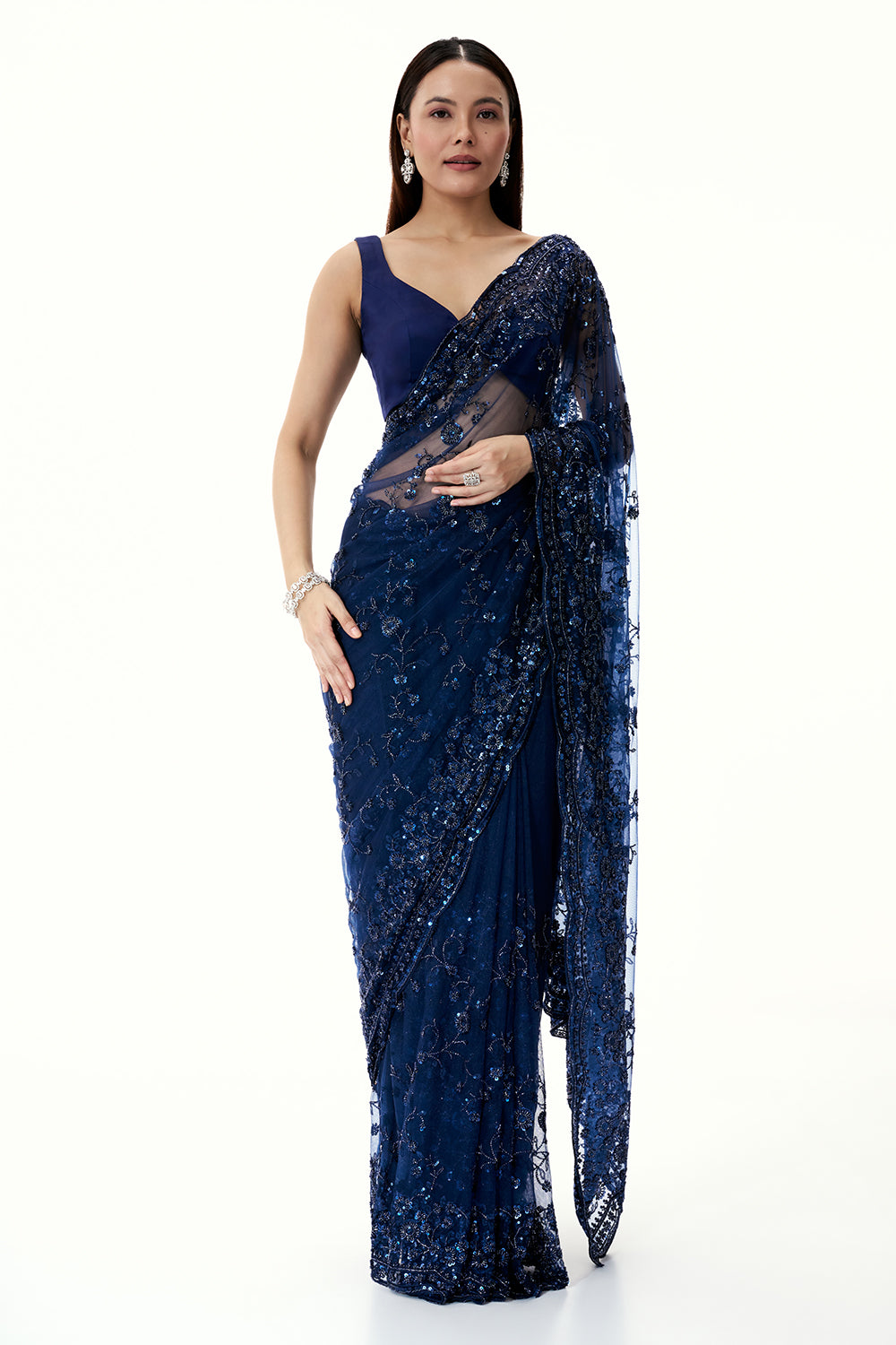 Navy Blue Net Saree with Sequin Work
