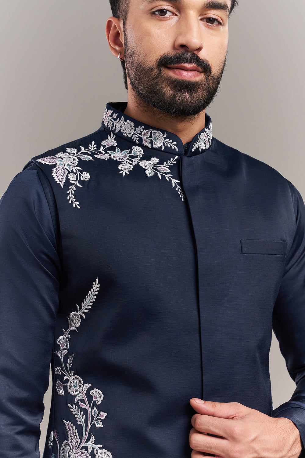 Navy Blue Nokia Silk Floral Border Men's Kurta with Jacket