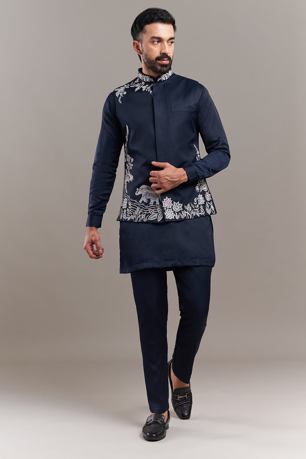 Navy Blue Nokia Silk Floral Border Men's Kurta with Jacket