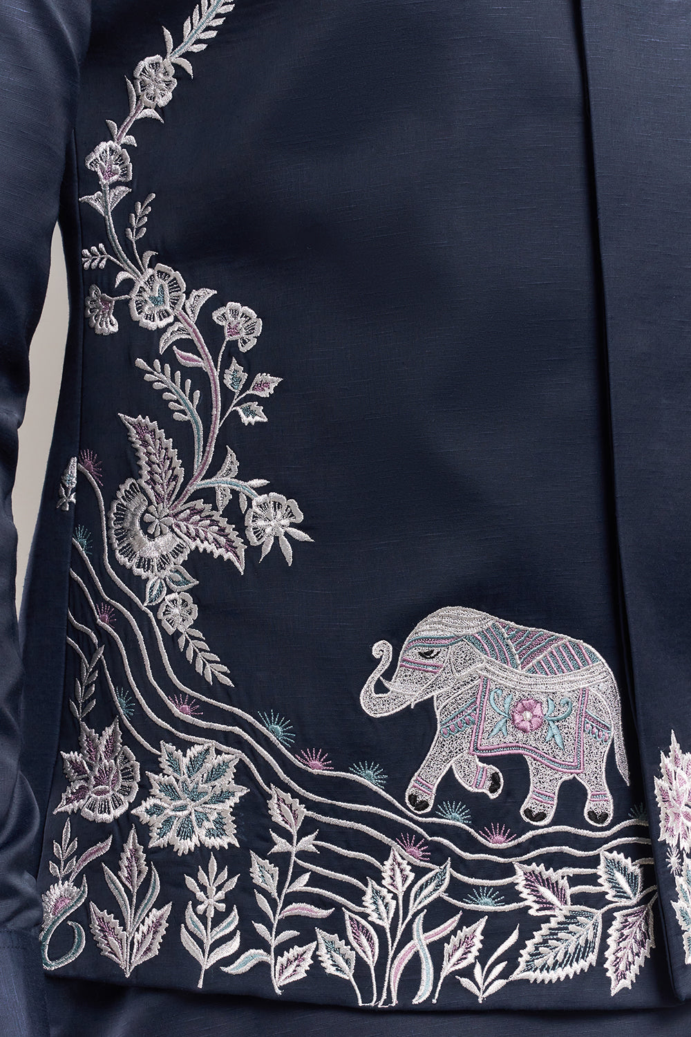 Navy Blue Nokia Silk Floral Border Men's Kurta with Jacket