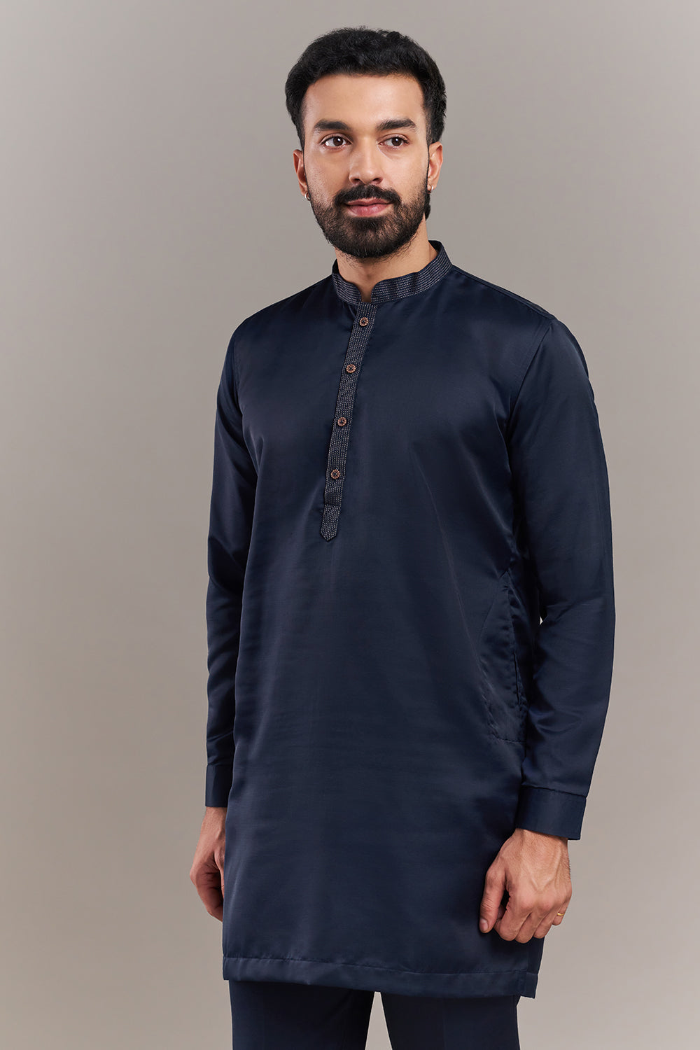 Navy Blue Nokia Silk Floral Border Men's Kurta with Jacket