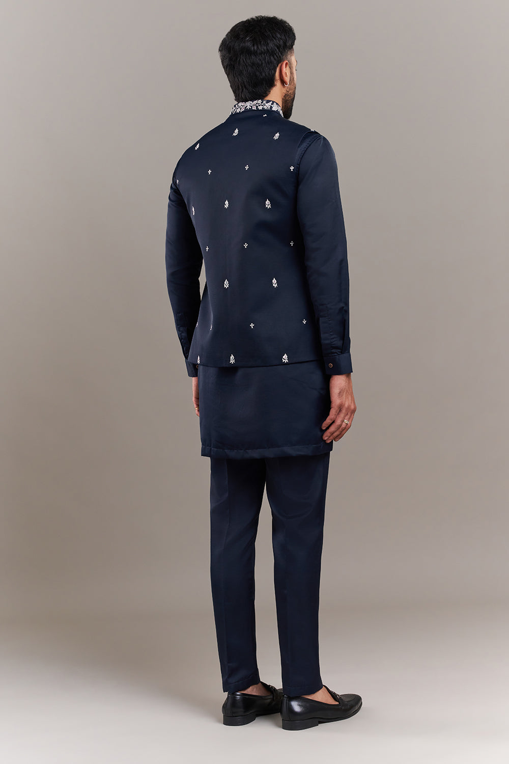 Navy Blue Nokia Silk Floral Border Men's Kurta with Jacket