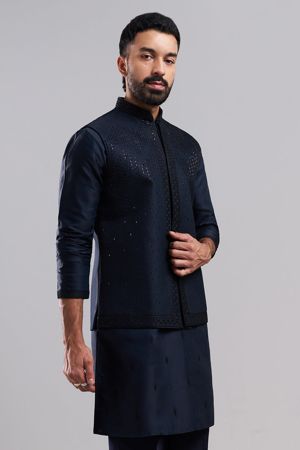 Navy Blue Nokia Silk Men's Kurta Set with Sequin-Detailed Jacket