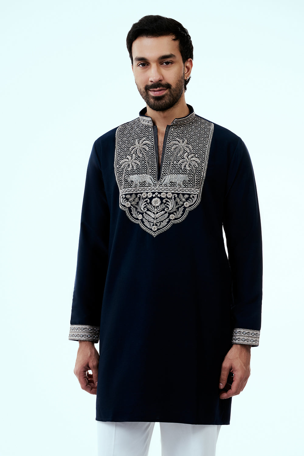 Navy Blue Premium Crepe Mens Kurta Set with Handwork