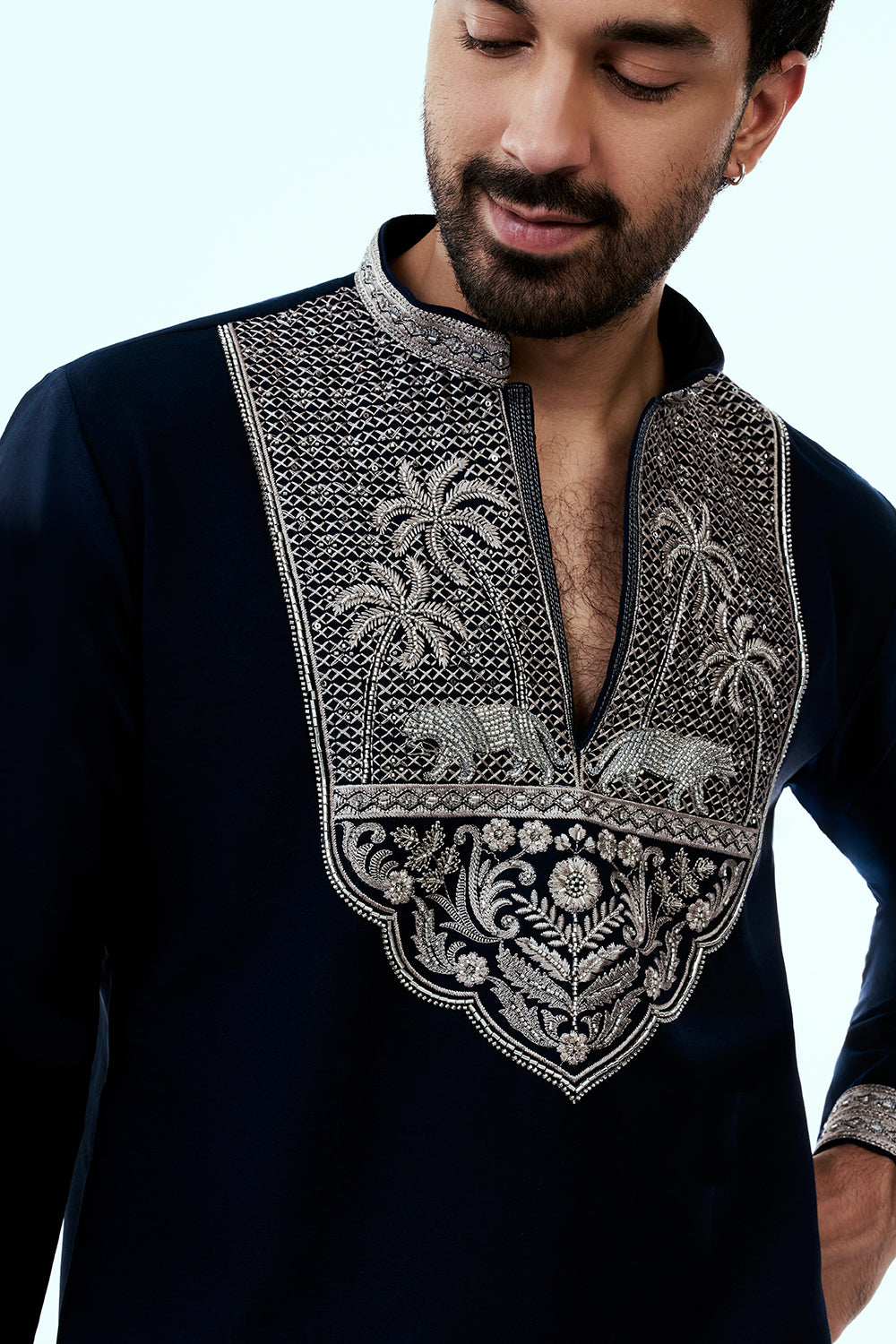 Navy Blue Premium Crepe Mens Kurta Set with Handwork