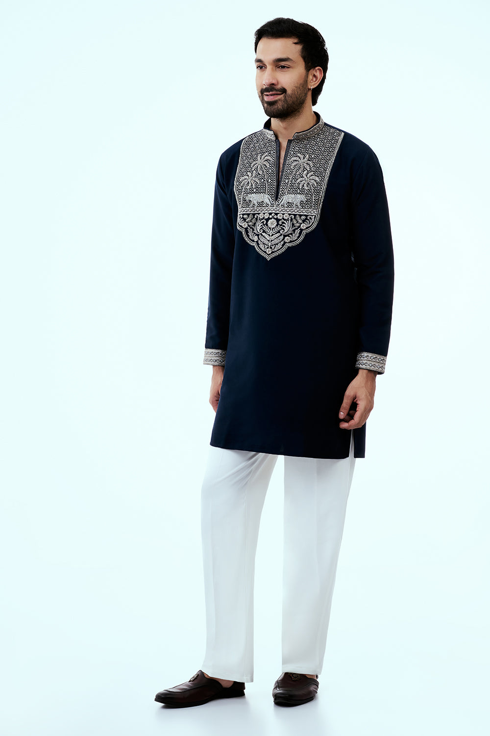 Navy Blue Premium Crepe Mens Kurta Set with Handwork