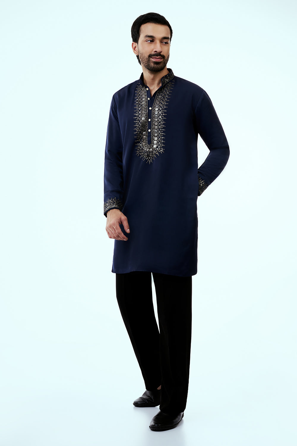 Navy Blue Premium Crepe Mens Kurta Set with Sequins Work