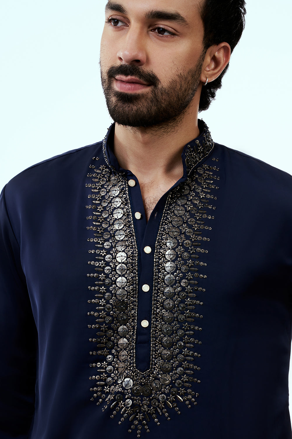 Navy Blue Premium Crepe Mens Kurta Set with Sequins Work