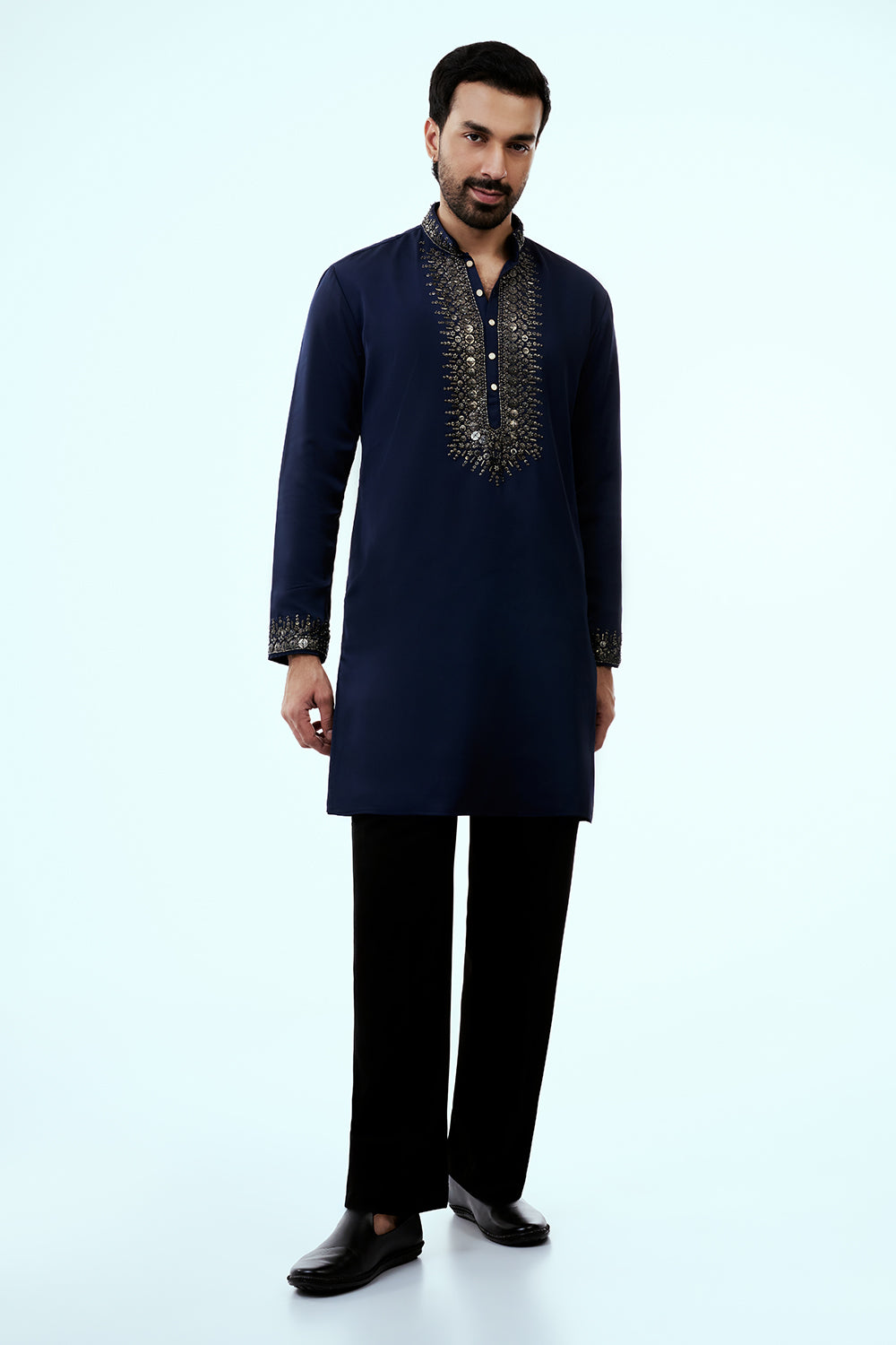 Navy Blue Premium Crepe Mens Kurta Set with Sequins Work