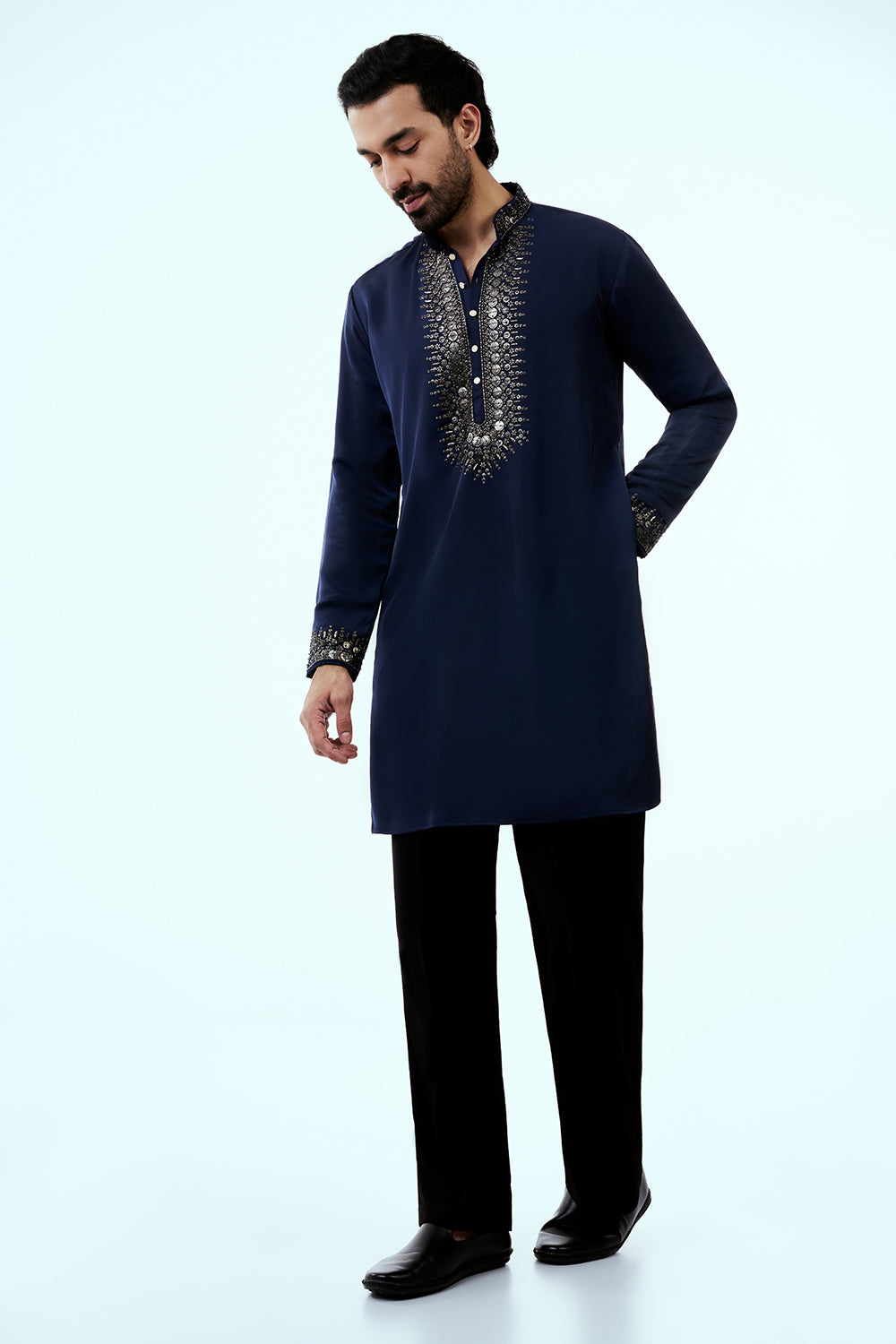 Navy Blue Premium Crepe Mens Kurta Set with Sequins Work