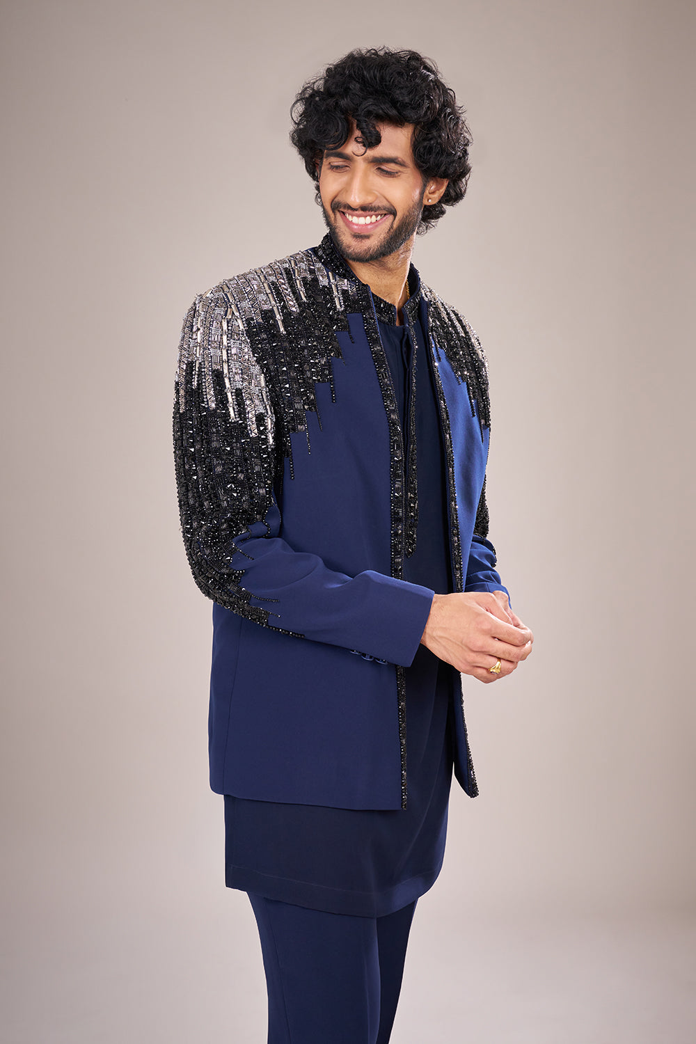 Navy Blue Rayon Embellished Jacket Set