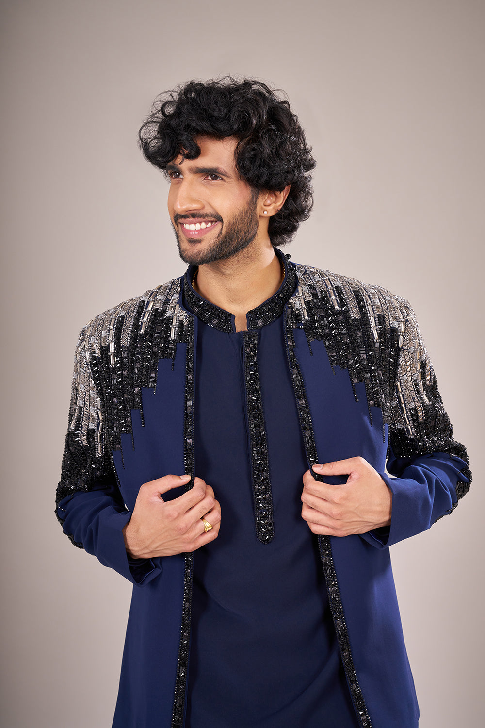 Navy Blue Rayon Embellished Jacket Set
