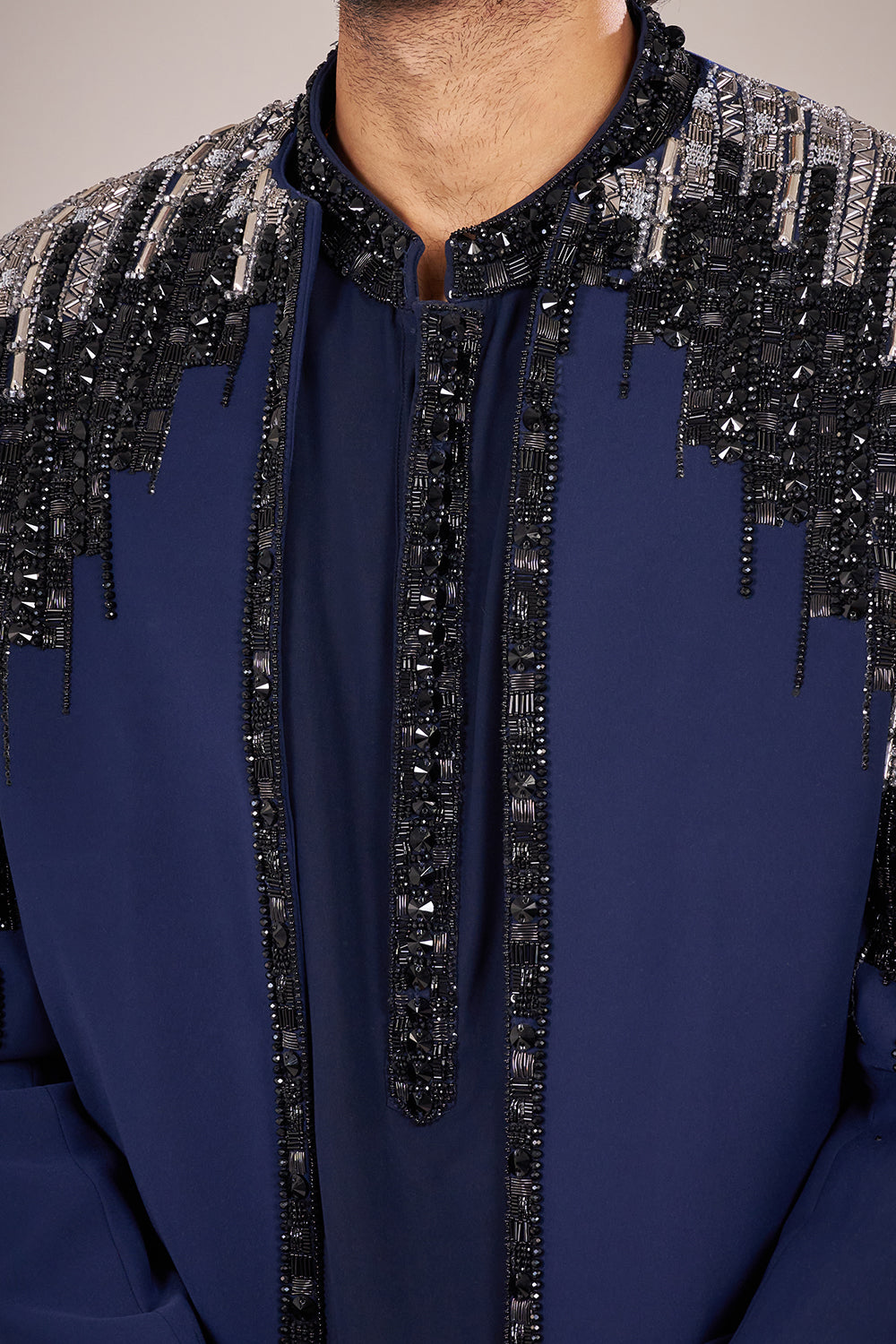 Navy Blue Rayon Embellished Jacket Set