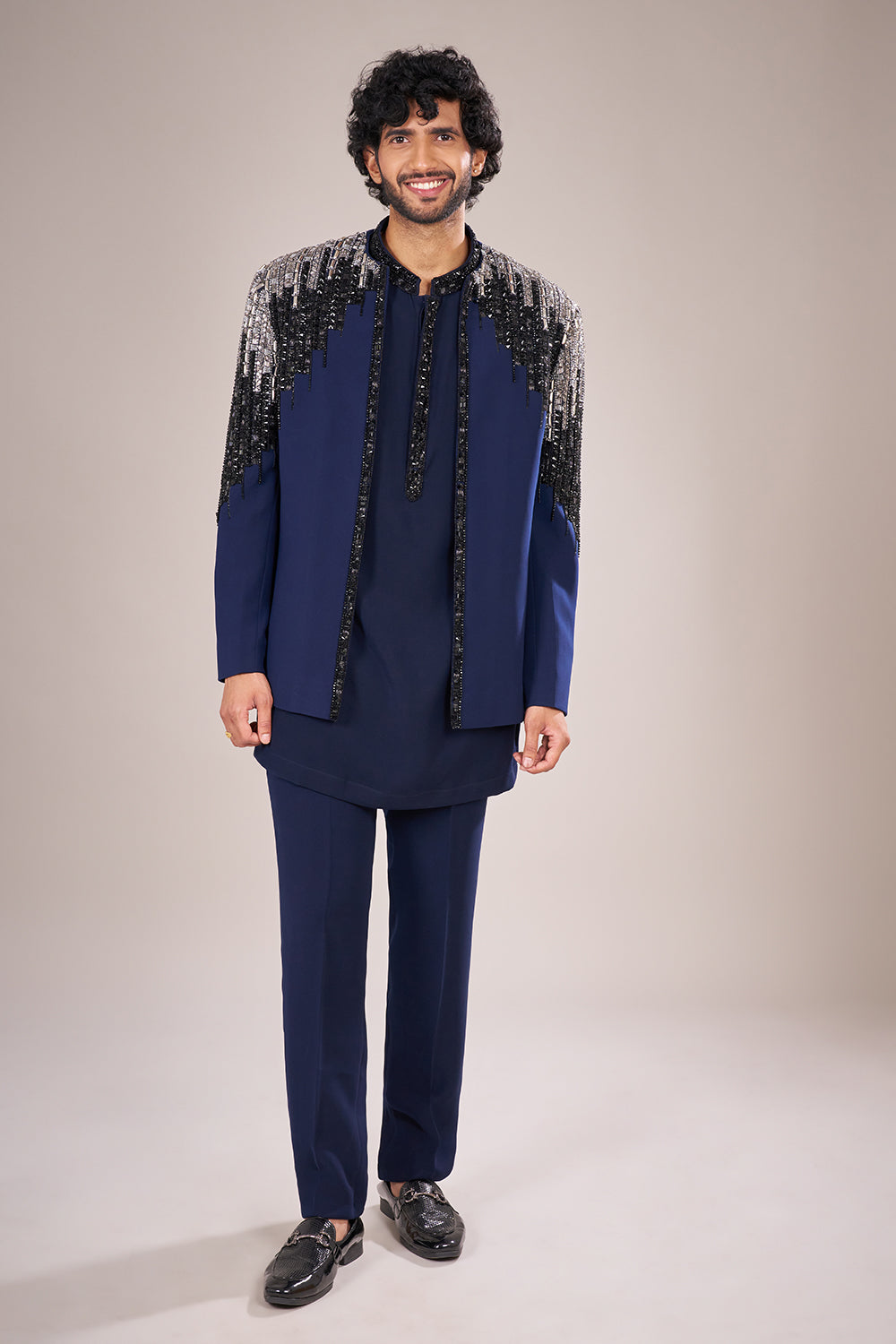 Navy Blue Rayon Embellished Jacket Set