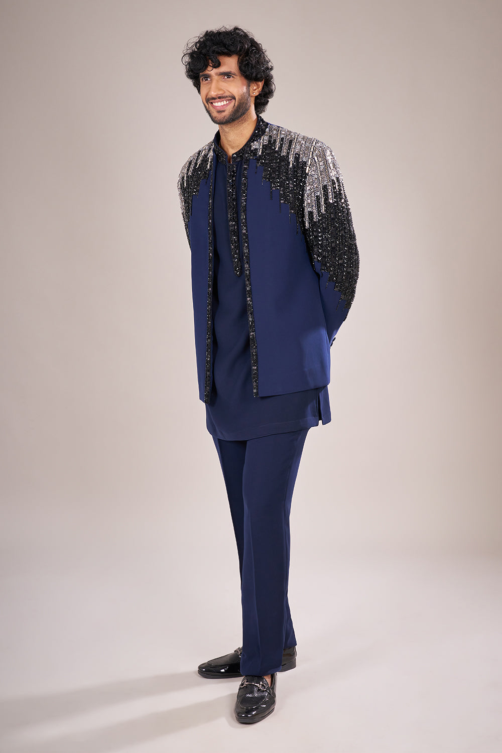Navy Blue Rayon Embellished Jacket Set