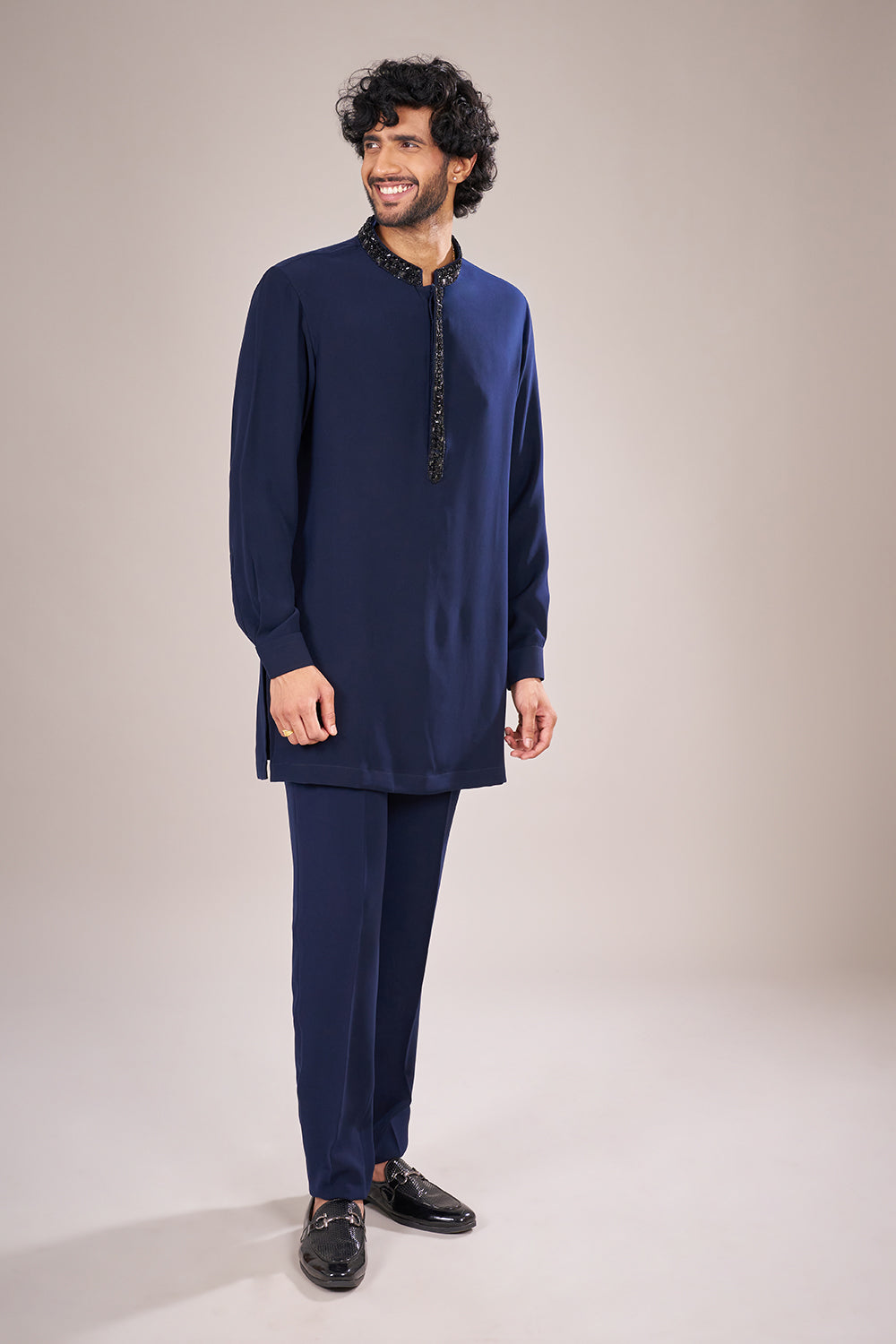Navy Blue Rayon Embellished Jacket Set