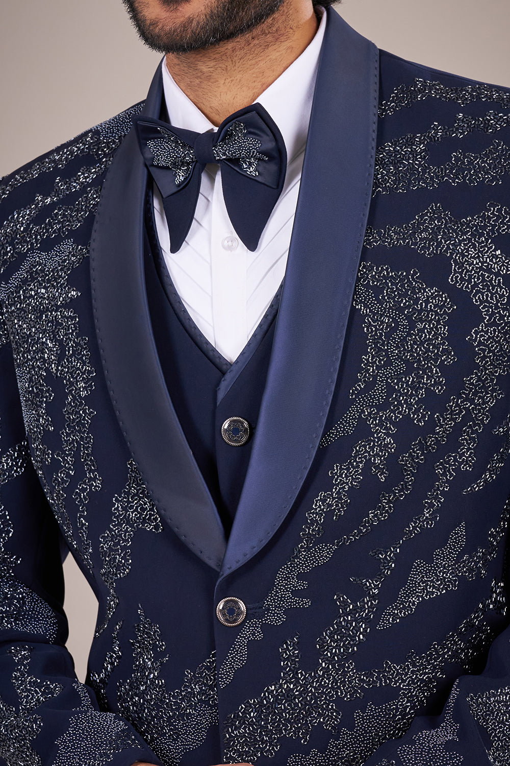 Navy Blue Rayon Embellished Tuxedo Set