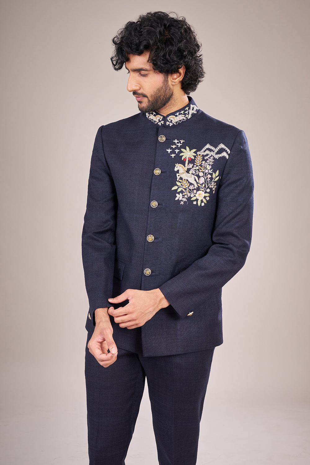 Navy Blue Rayon Embroidered Bandhgala Set