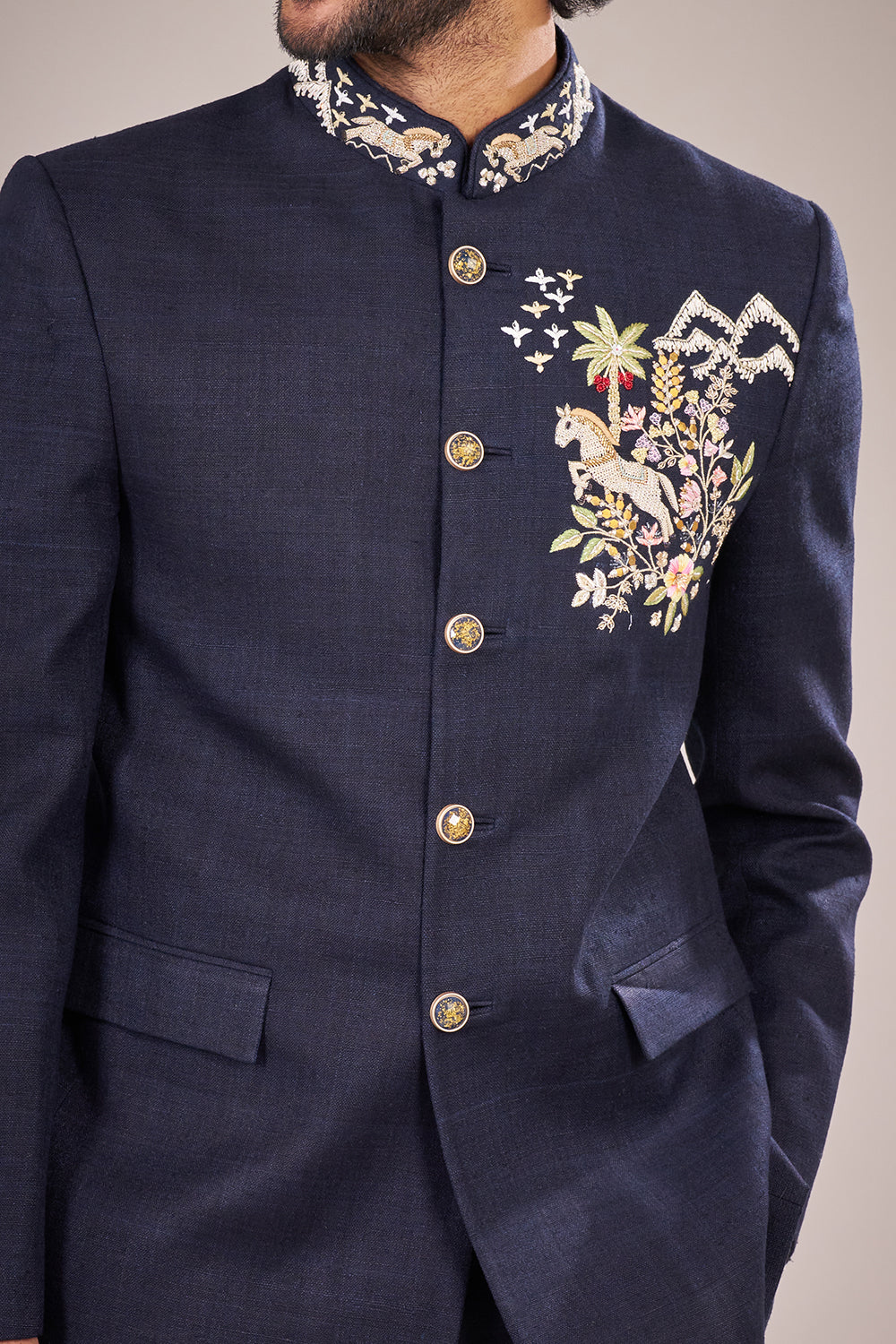 Navy Blue Rayon Embroidered Bandhgala Set