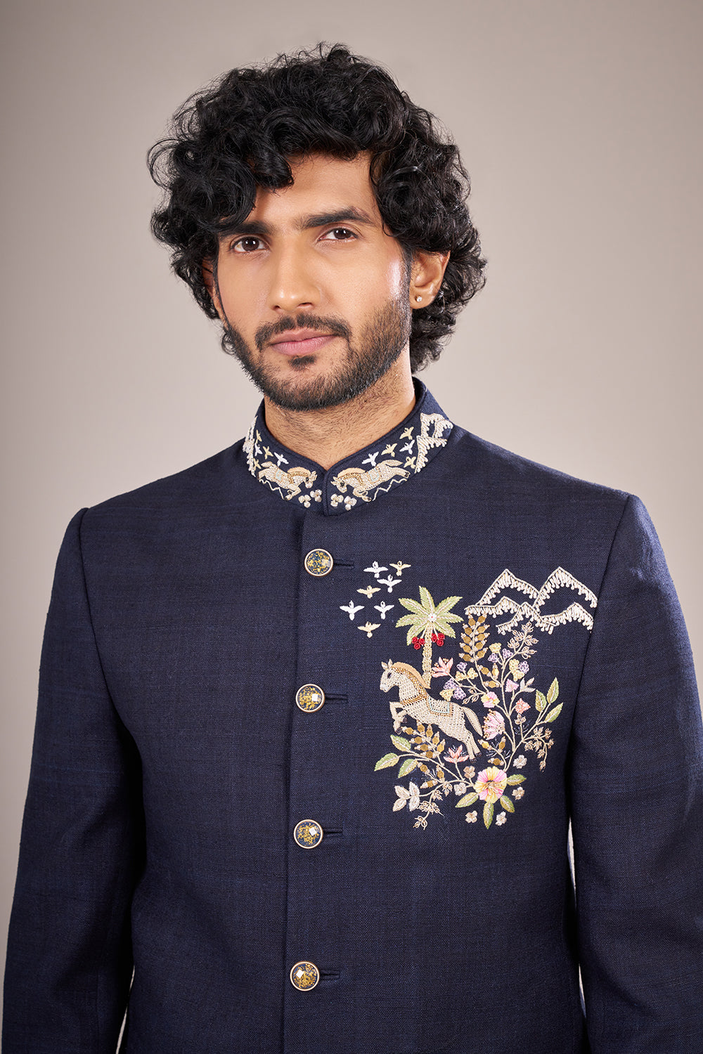 Navy Blue Rayon Embroidered Bandhgala Set