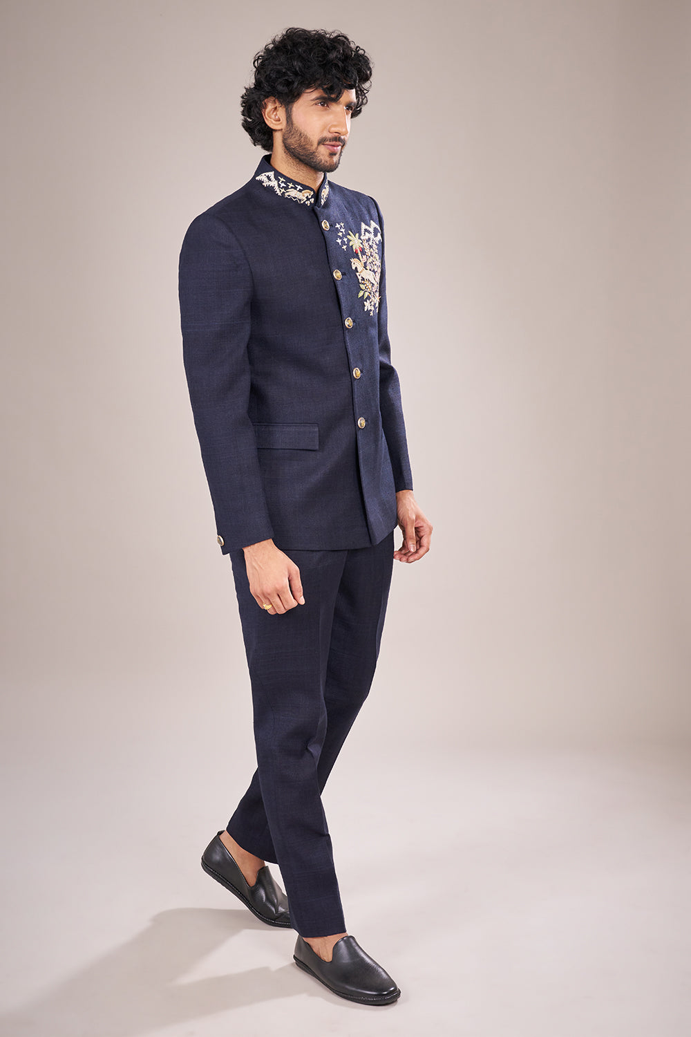 Navy Blue Rayon Embroidered Bandhgala Set