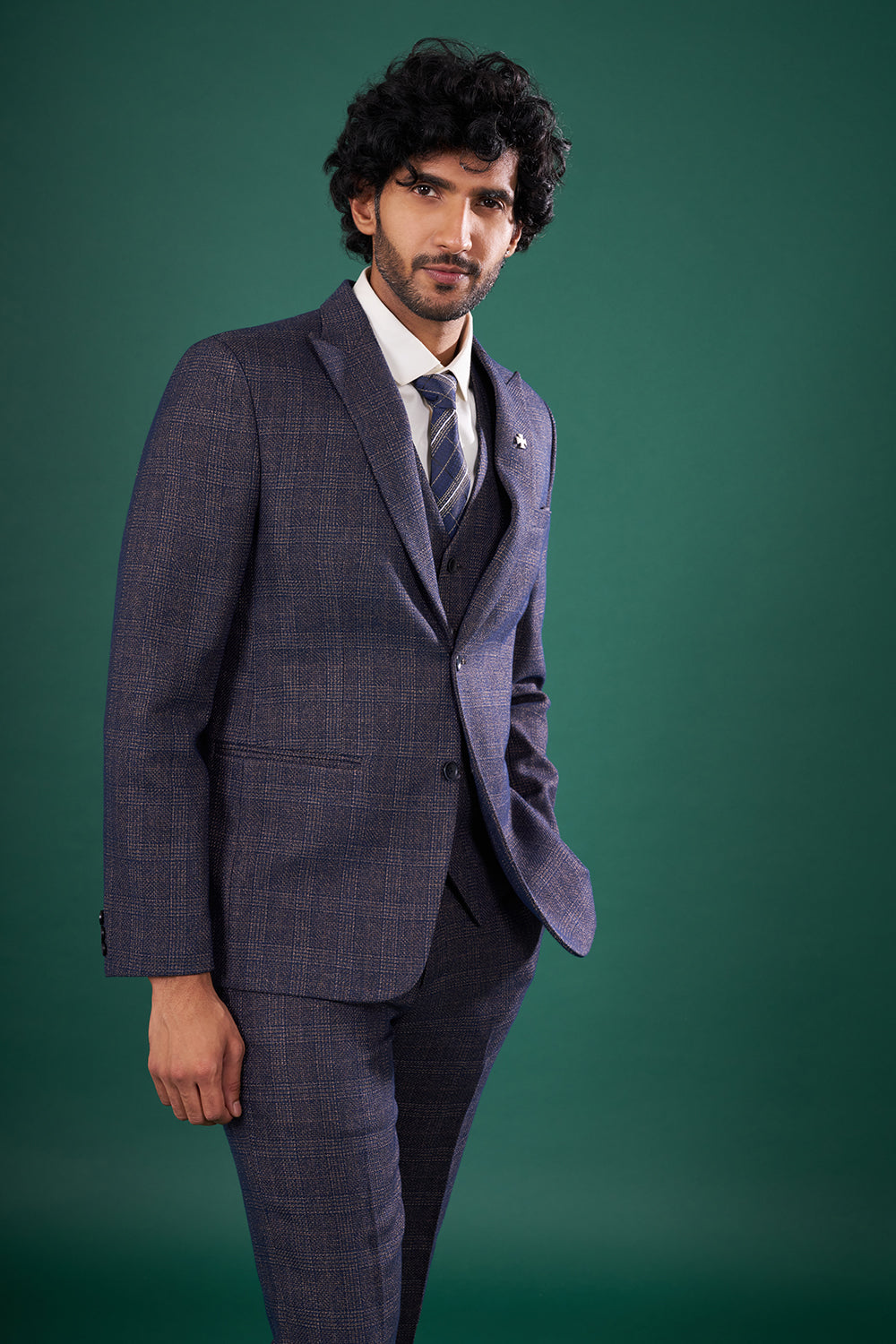 Navy Blue Rayon Three-Piece Suit