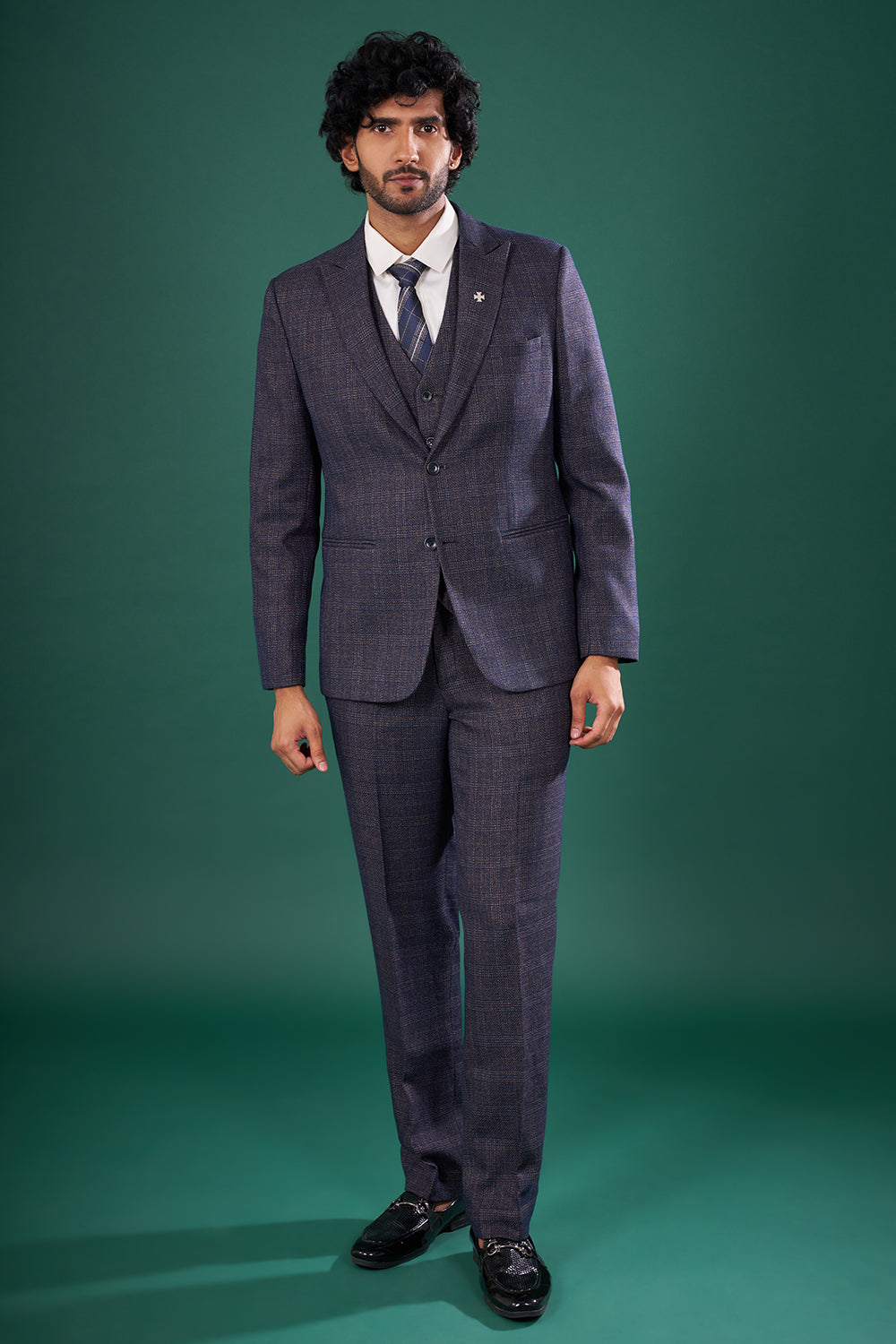 Navy Blue Rayon Three-Piece Suit
