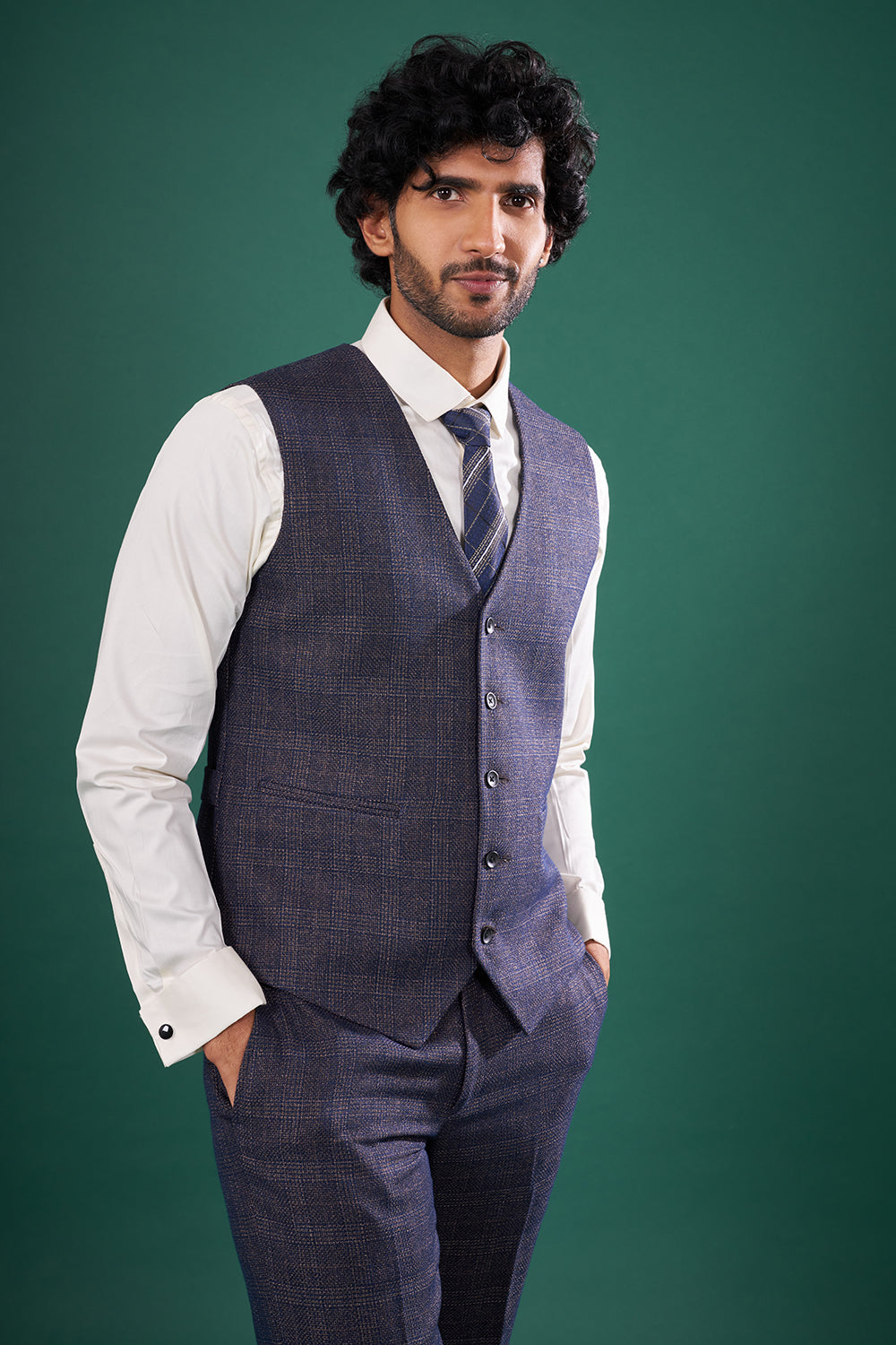 Navy Blue Rayon Three-Piece Suit
