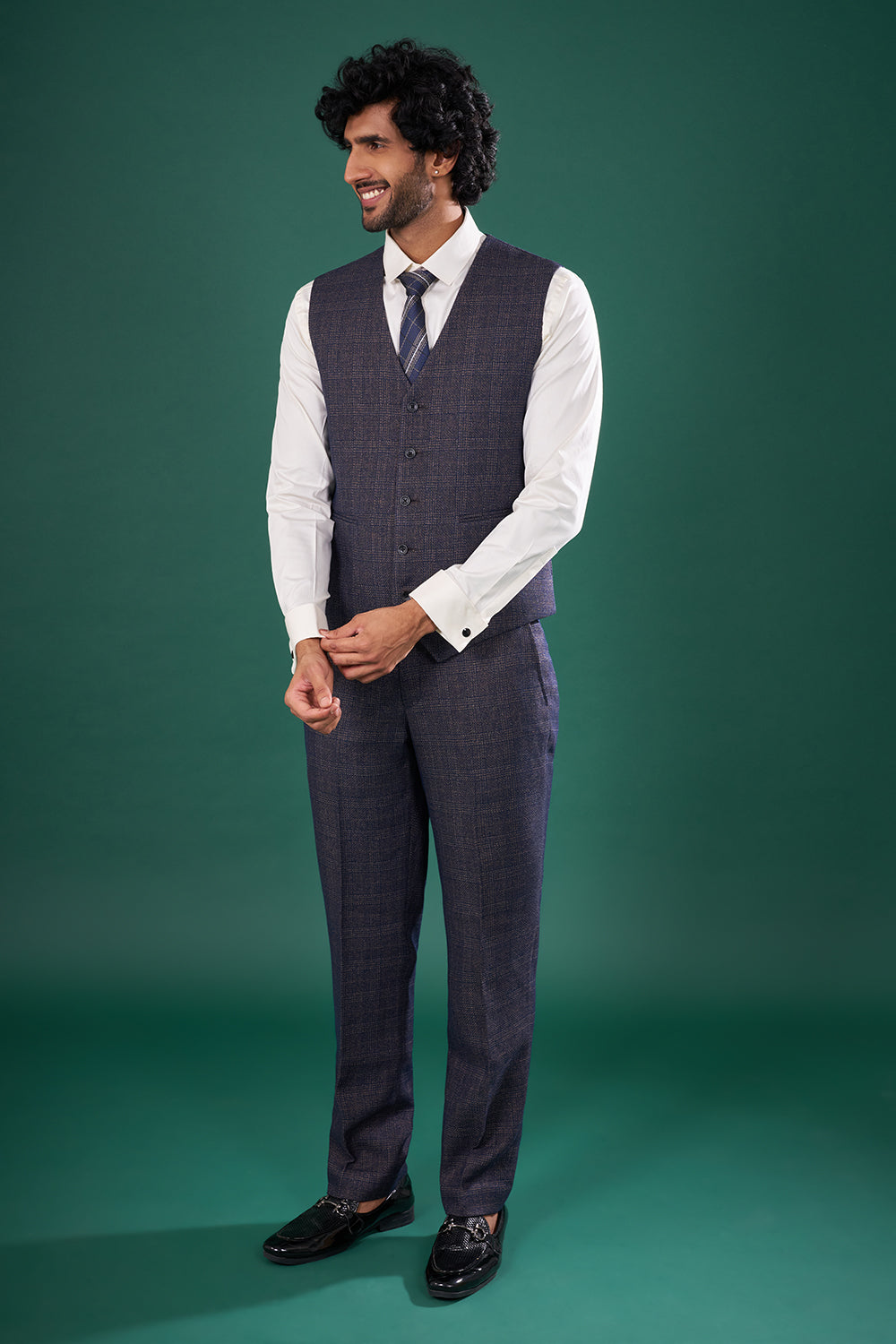 Navy Blue Rayon Three-Piece Suit