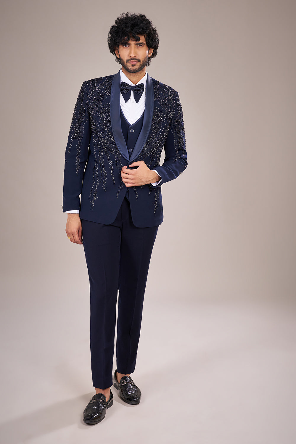 Navy Blue Rayon Tuxedo Set with Bead Embroidery